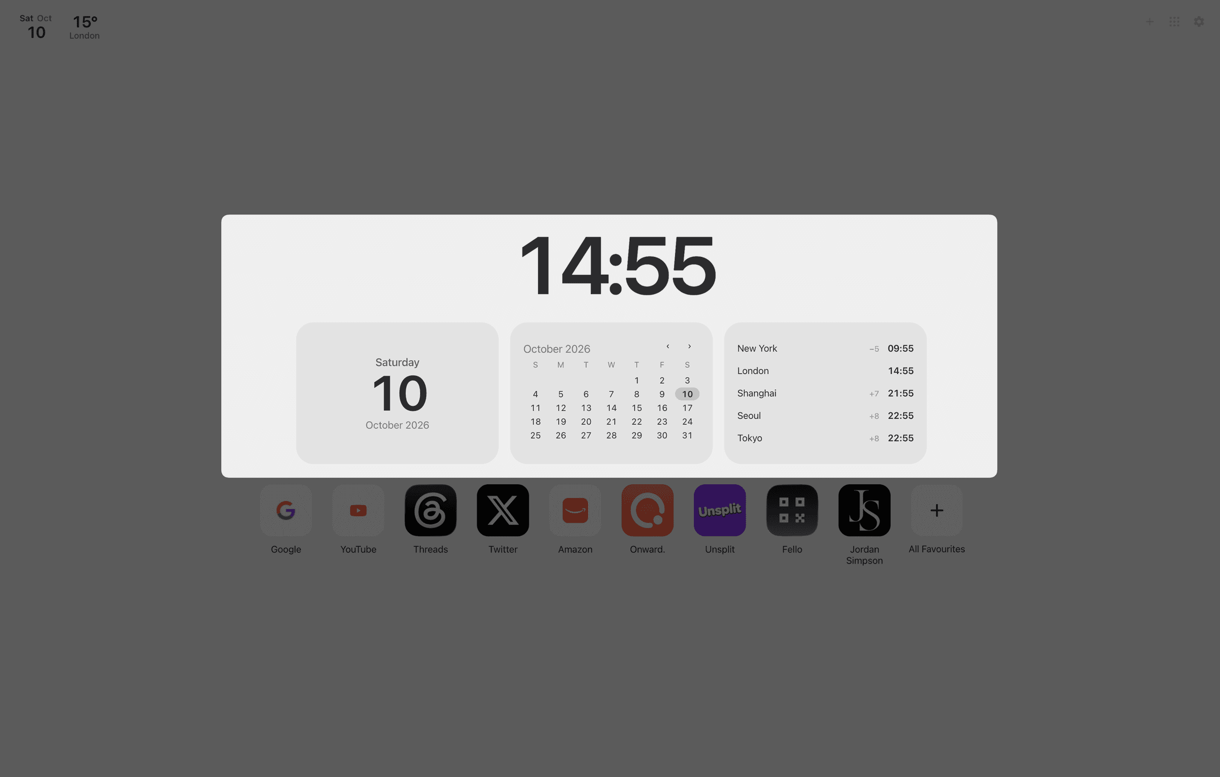 Favourites widgets including date, calendar, world clock and weather